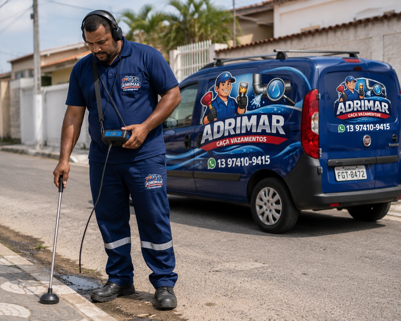 Técnico utilizando Geofone para detecção de vazamentos ocultos